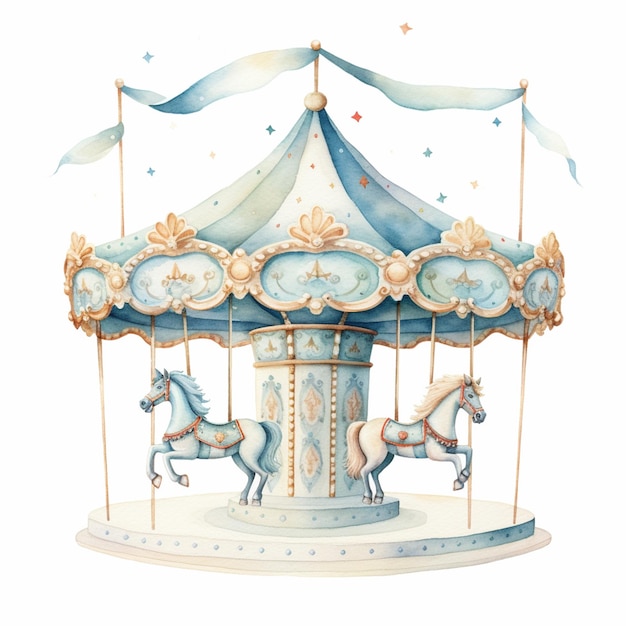 there is a watercolor painting of a carousel with horses generative ai