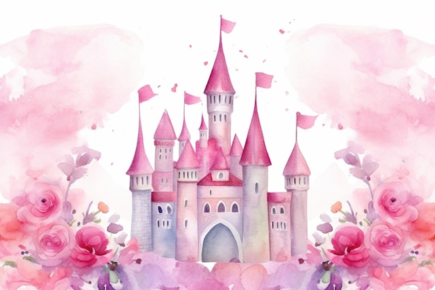 there is a watercolor painting of a castle with pink flowers generative ai