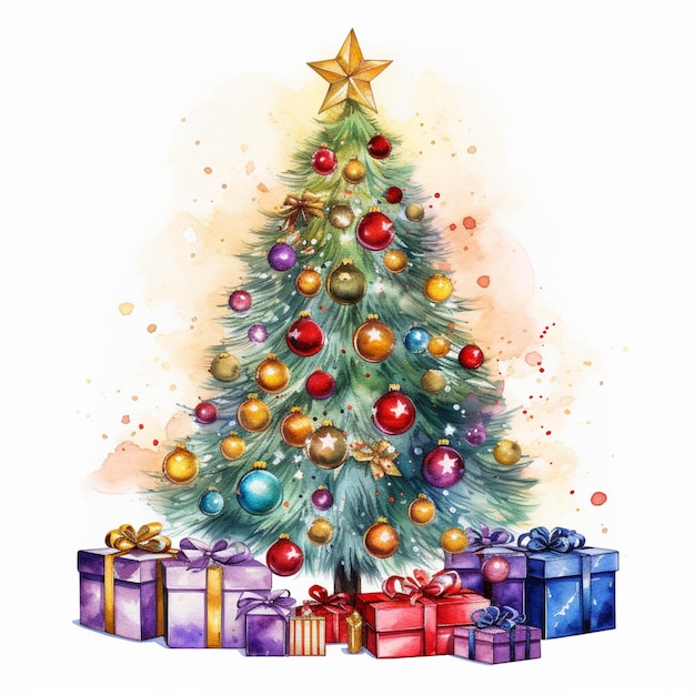 There is a watercolor painting of a christmas tree with presents generative ai