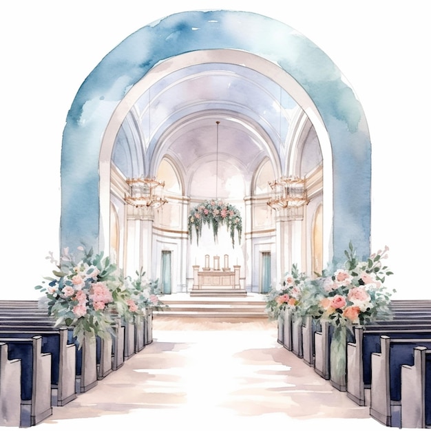 there is a watercolor painting of a church with pews and flowers generative ai