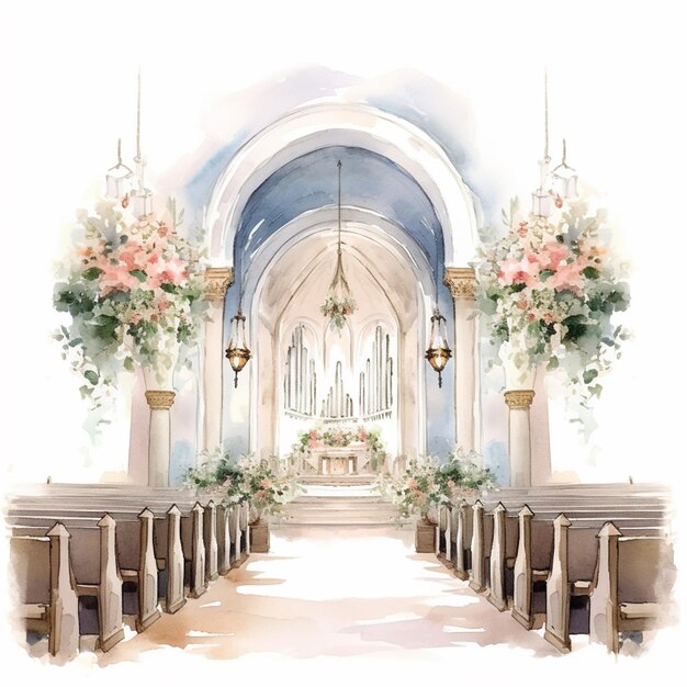 there is a watercolor painting of a church with pews and flowers generative ai