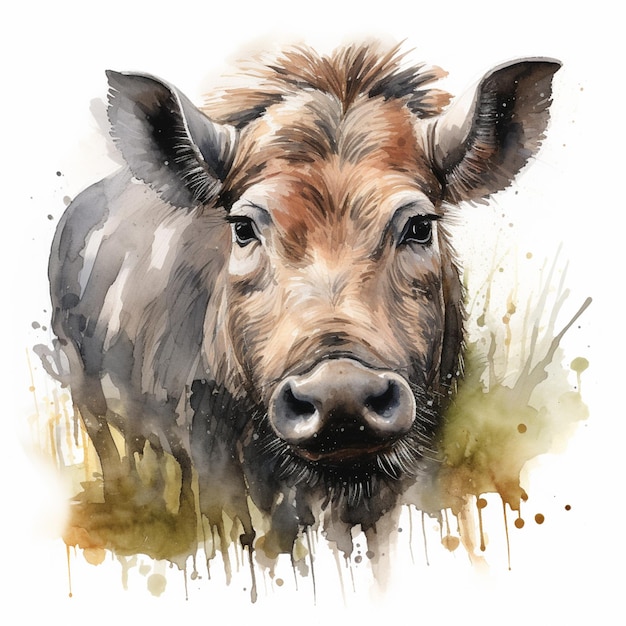 there is a watercolor painting of a cow with a big nose generative ai