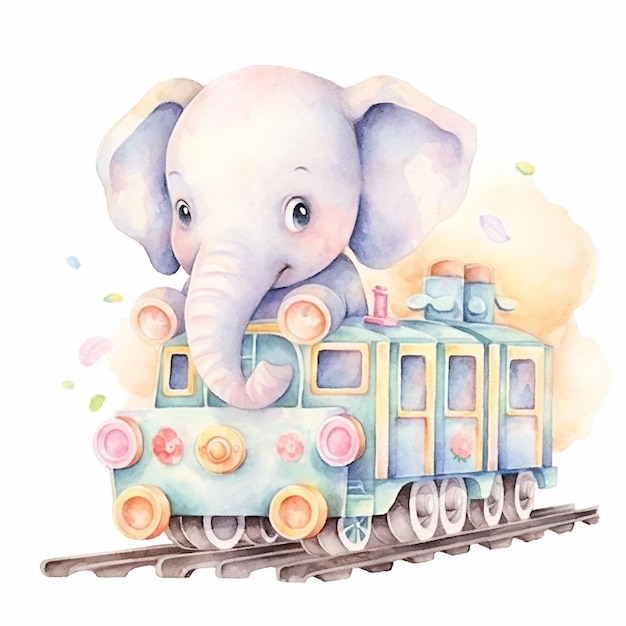 there is a watercolor painting of an elephant riding a train generative ai