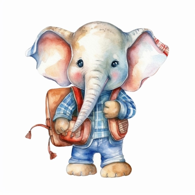 There is a watercolor painting of an elephant with a backpack generative ai