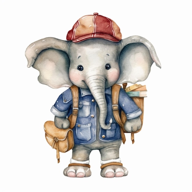 There is a watercolor painting of an elephant with a backpack generative ai