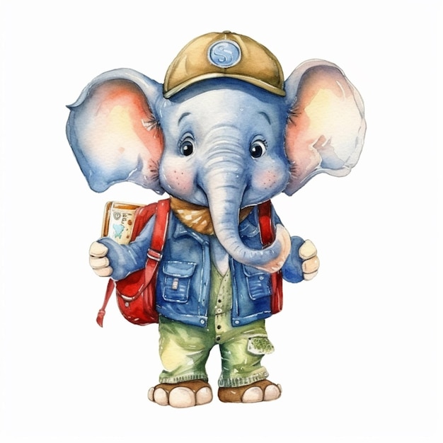 There is a watercolor painting of an elephant with a backpack generative ai