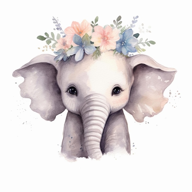 there is a watercolor painting of an elephant with flowers on its head generative ai