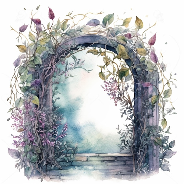 there is a watercolor painting of a garden with a gate generative ai