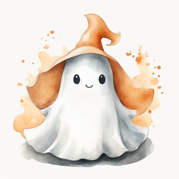 There is a watercolor painting of a ghost wearing a hat generative ai