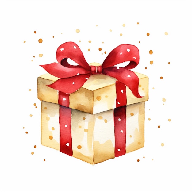 there is a watercolor painting of a gift box with a red bow generative ai