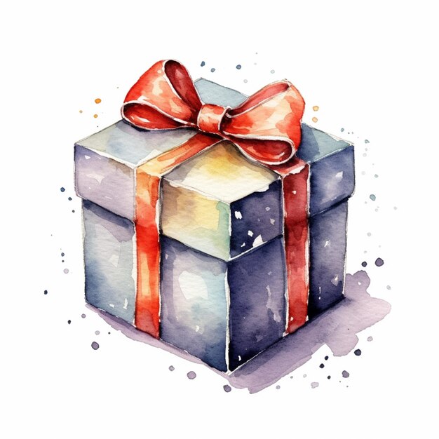 there is a watercolor painting of a gift box with a red bow generative ai