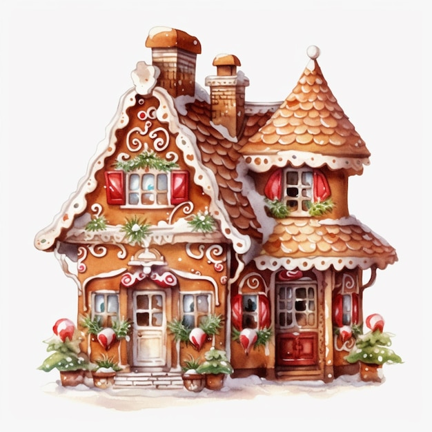 There is a watercolor painting of a ginger house with a christmas tree generative ai