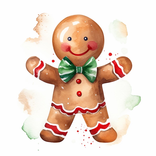 there is a watercolor painting of a gingerbread man with a bow tie generative ai