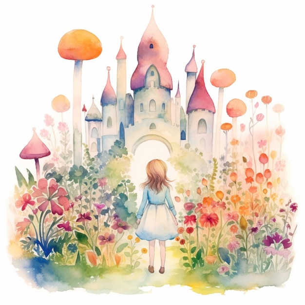 There is a watercolor painting of a girl walking in front of a castle generative ai