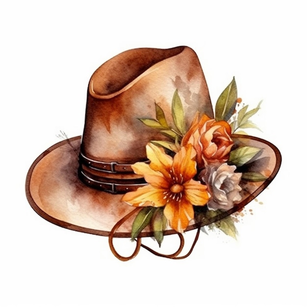 There is a watercolor painting of a hat with flowers on it generative ai