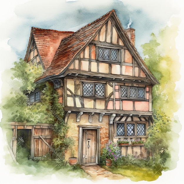 There is a watercolor painting of a house with a clock on the front generative ai