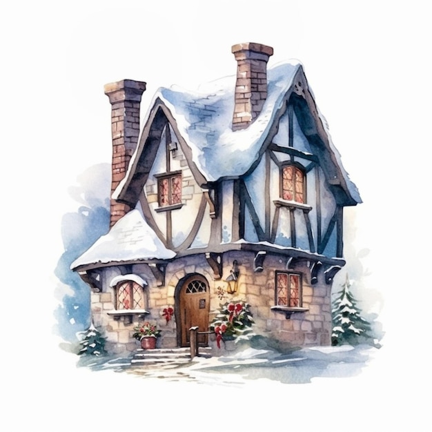 there is a watercolor painting of a house with a snow covered roof generative ai