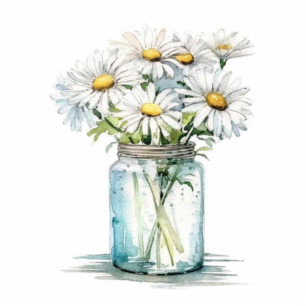 there is a watercolor painting of a jar with daisies in it generative ai