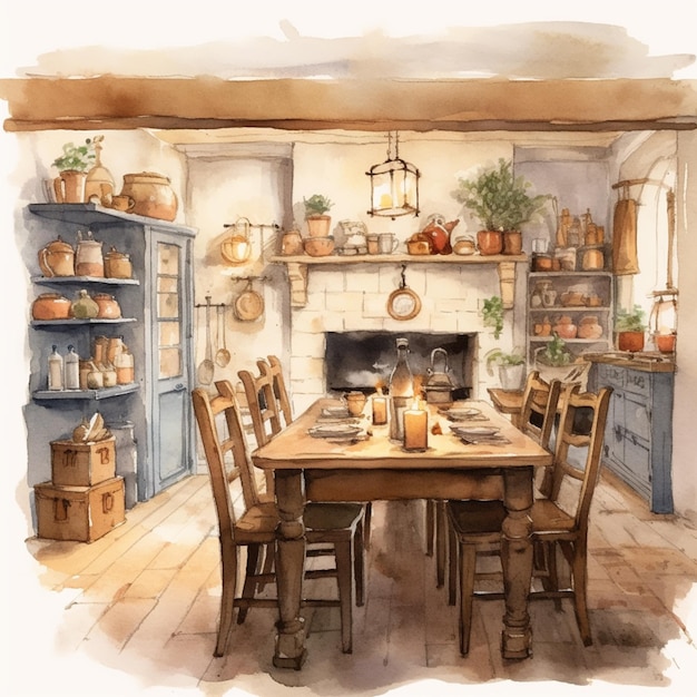 there is a watercolor painting of a kitchen with a table and chairs generative ai