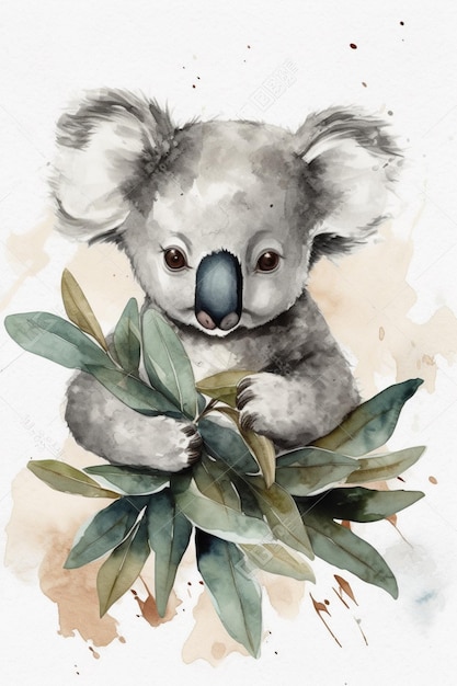 There is a watercolor painting of a koala bear holding a leaf generative ai