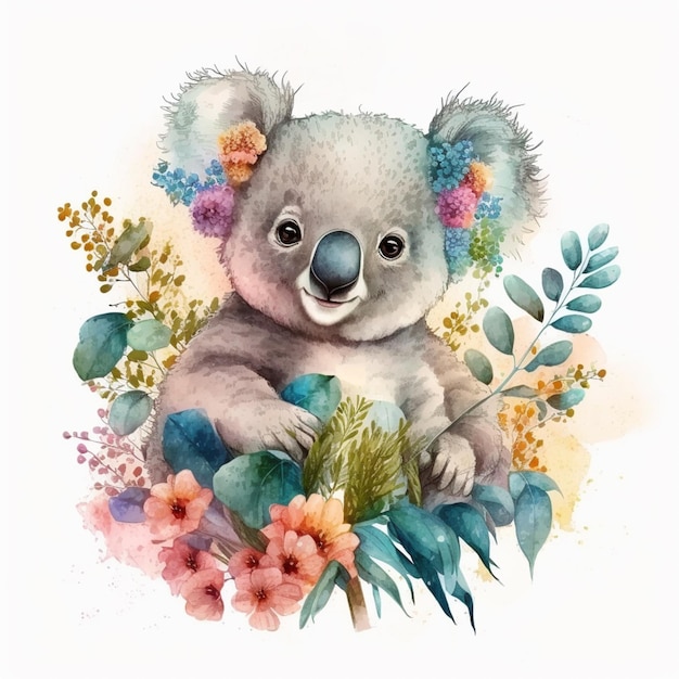 There is a watercolor painting of a koala bear surrounded by flowers generative ai