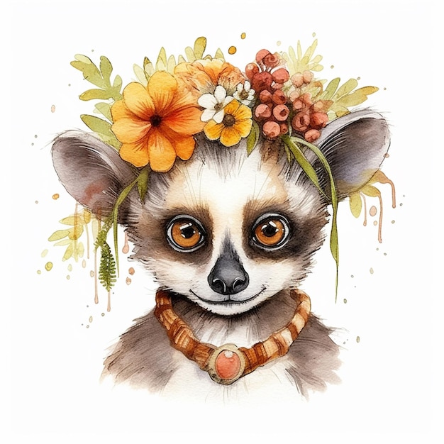 There is a watercolor painting of a lemur with flowers on its head generative ai