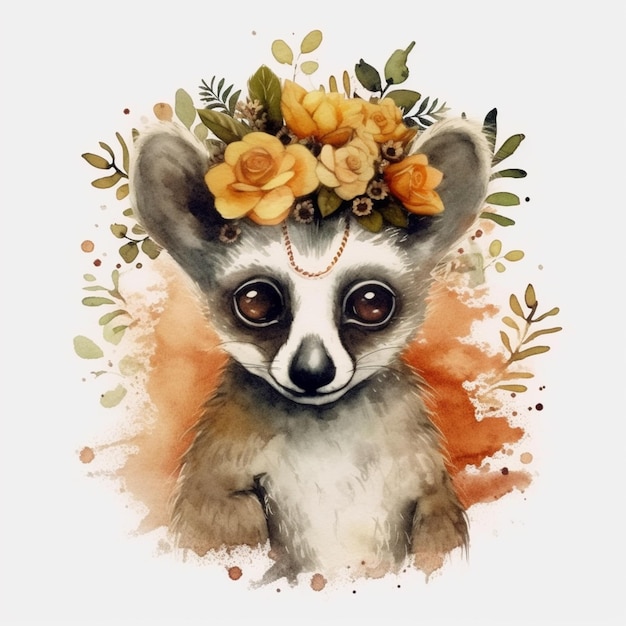 There is a watercolor painting of a lemur with flowers on its head generative ai