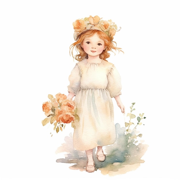 there is a watercolor painting of a little girl holding a bouquet generative ai