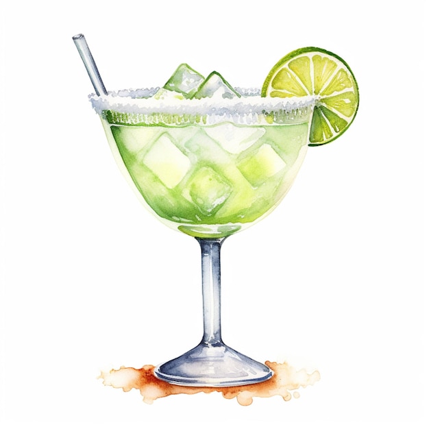 There is a watercolor painting of a margarita with lime slices generative ai