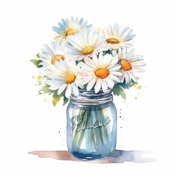 there is a watercolor painting of a mason jar with daisies generative ai