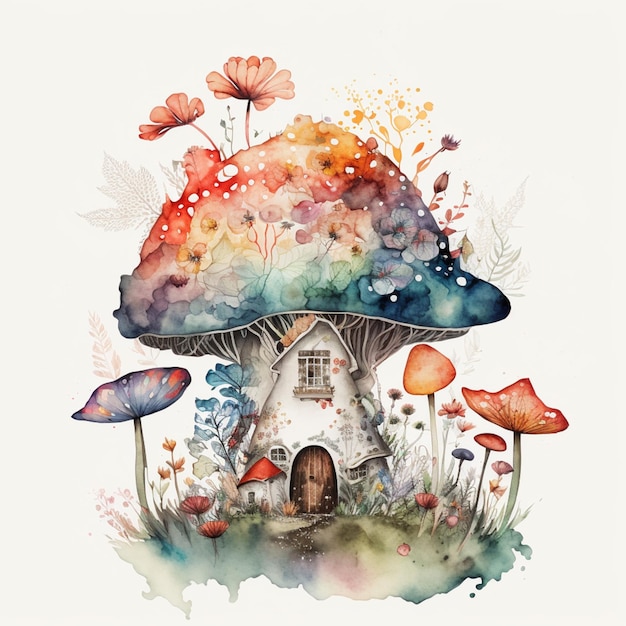 There is a watercolor painting of a mushroom house with flowers generative ai