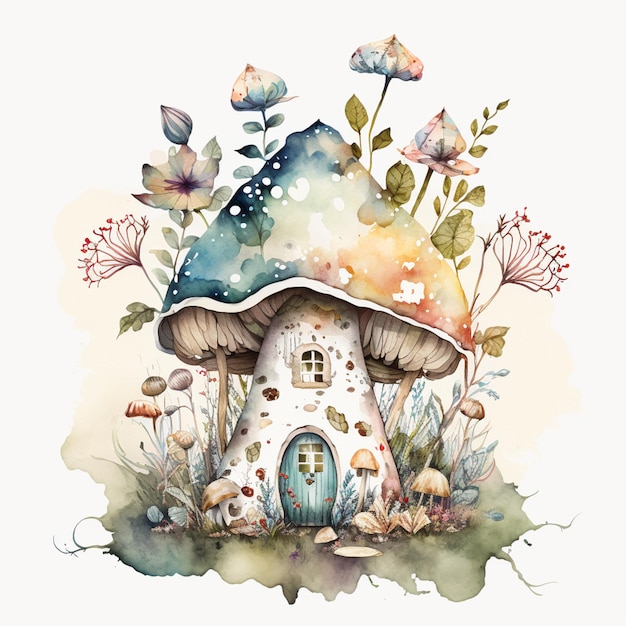 There is a watercolor painting of a mushroom house with flowers generative ai