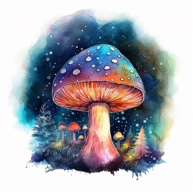 There is a watercolor painting of a mushroom with a sky background generative ai