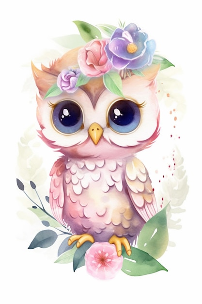 There is a watercolor painting of an owl with flowers on its head generative ai