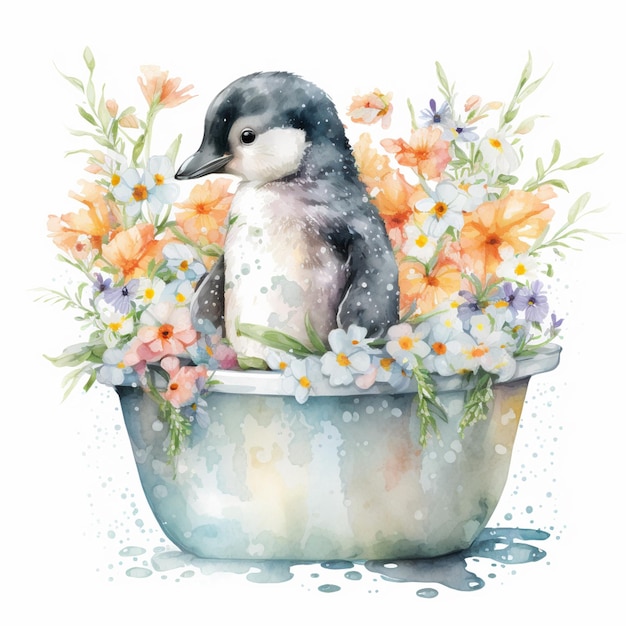 There is a watercolor painting of a penguin in a tub with flowers generative ai