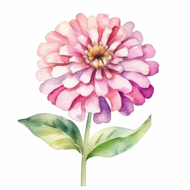 there is a watercolor painting of a pink flower with green leaves generative ai