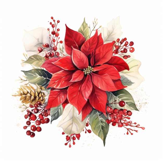 There is a watercolor painting of a poinsettia and holly berries generative ai