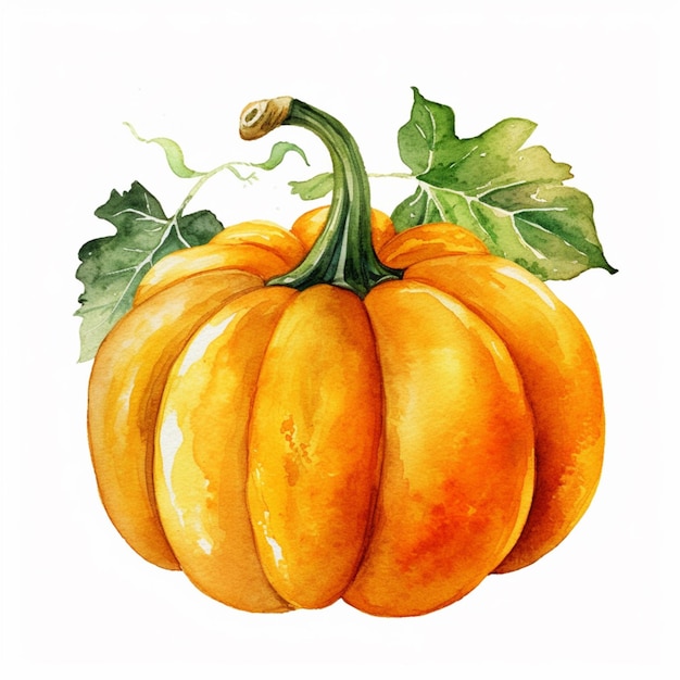 there is a watercolor painting of a pumpkin with leaves generative ai