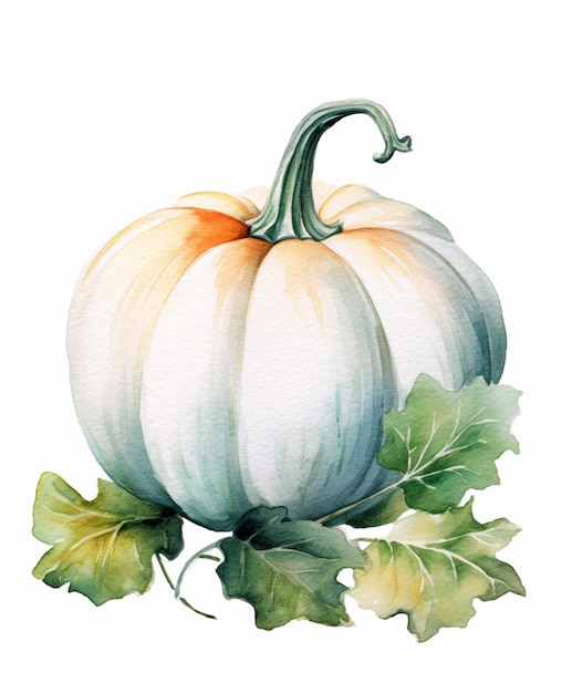 there is a watercolor painting of a pumpkin with leaves generative ai