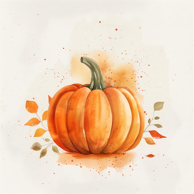 Photo there is a watercolor painting of a pumpkin with leaves