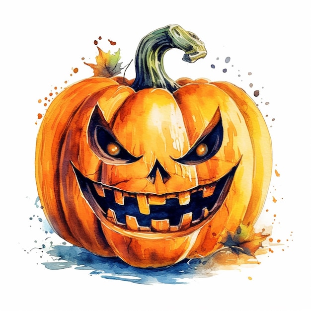 There is a watercolor painting of a pumpkin with a scary face generative ai