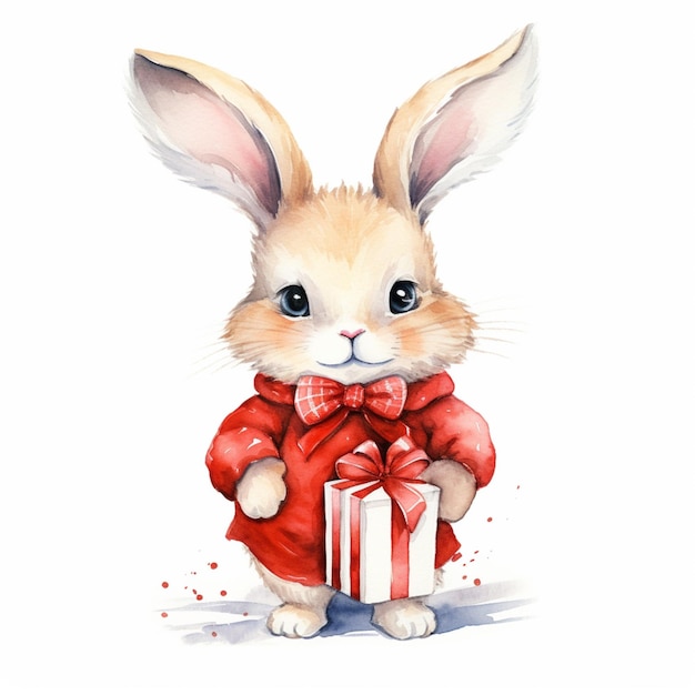 there is a watercolor painting of a rabbit holding a present generative ai