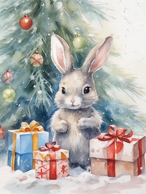 There is a watercolor painting of a rabbit standing next to presents generative ai