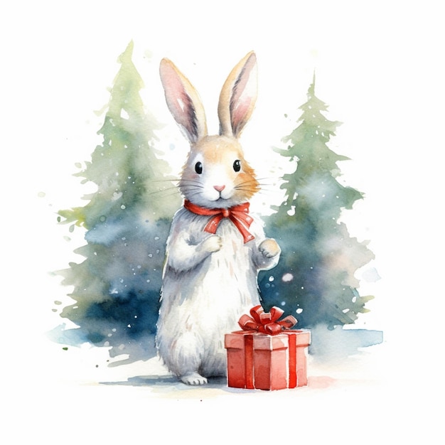 There is a watercolor painting of a rabbit with a present generative ai