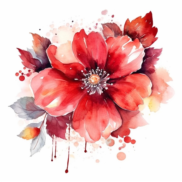 There is a watercolor painting of a red flower with leaves generative ai