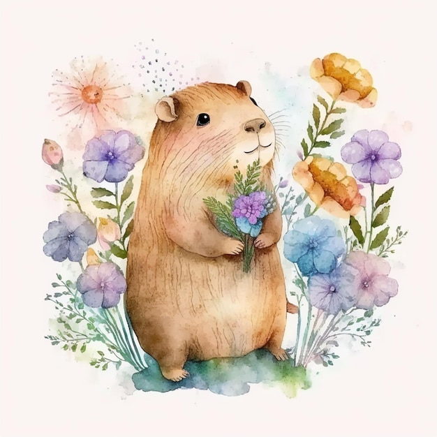 there is a watercolor painting of a rodent holding flowers generative ai