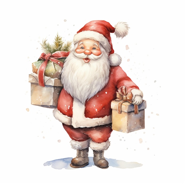 there is a watercolor painting of a santa claus carrying presents generative ai