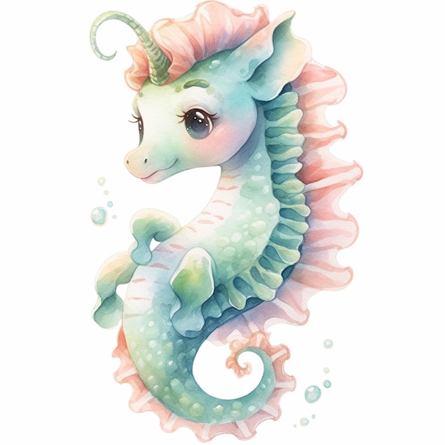 there is a watercolor painting of a sea horse with a pink mane generative ai