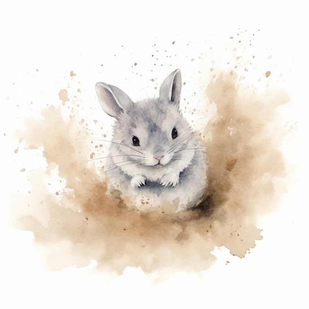 There is a watercolor painting of a small rabbit sitting in the dirt generative ai