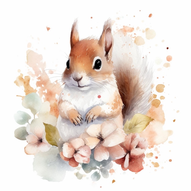 There is a watercolor painting of a squirrel sitting on a flower generative ai